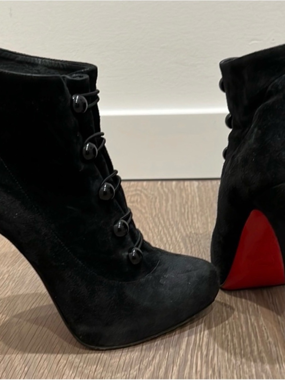 Christian Louboutin Black Suede Lace-Up Ankle Booties with Red Sole